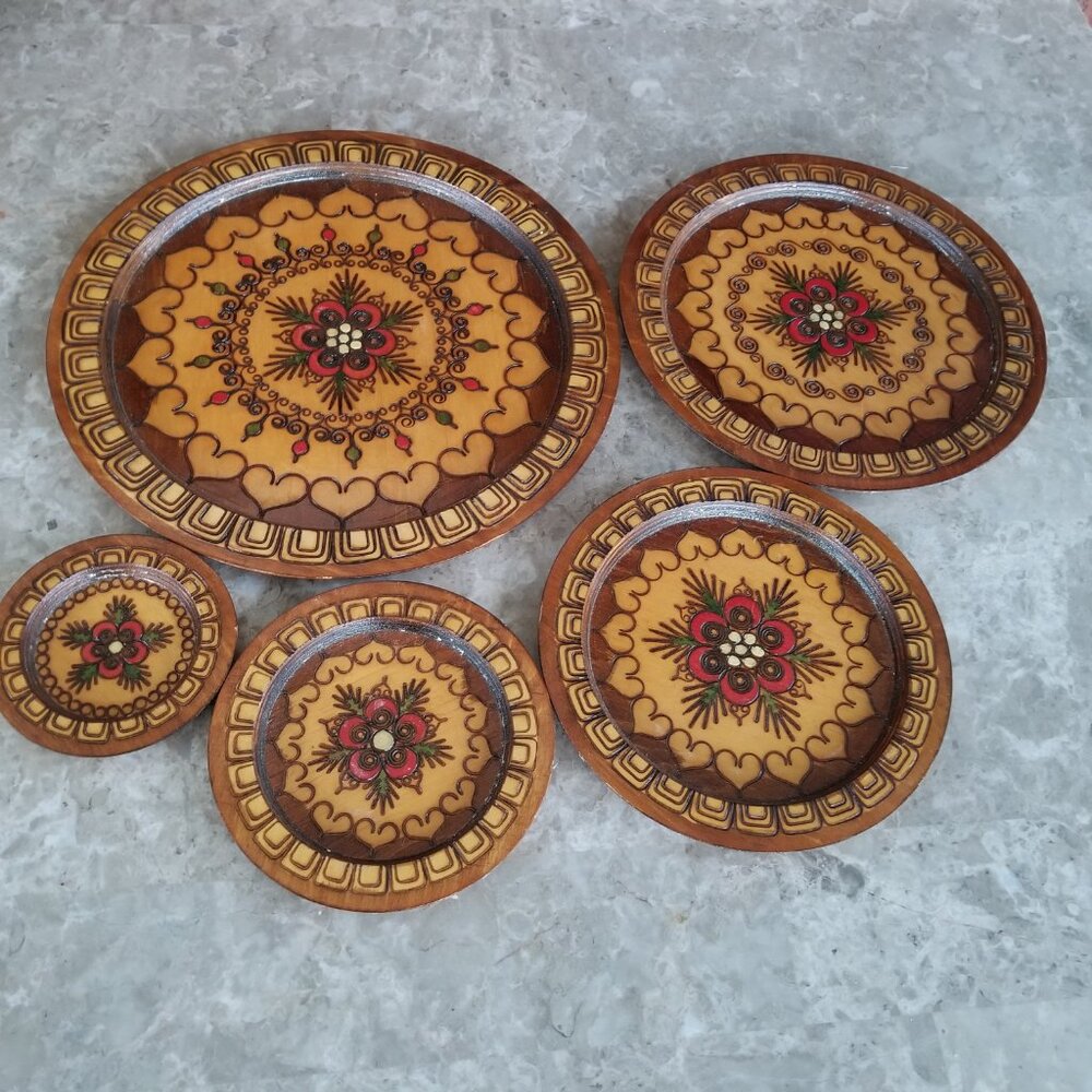 🎉HP🎉 Decorative Folk Art Set of 5 Wooden Nesting Plates Made in Poland - Picture 3 of 7